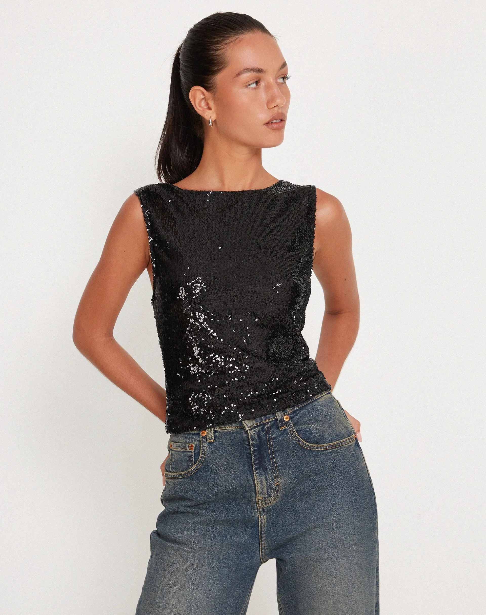 Hala Crop Vest Top in Black Sequin