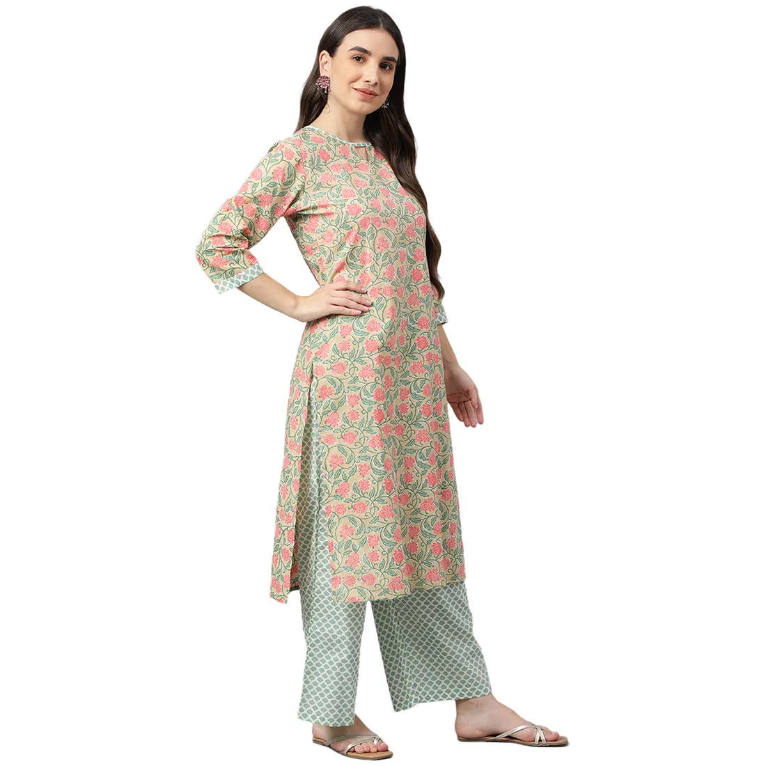 Idalia Multicolor Printed Cotton Kurta With Dull Green
Printed Palazzo Pants