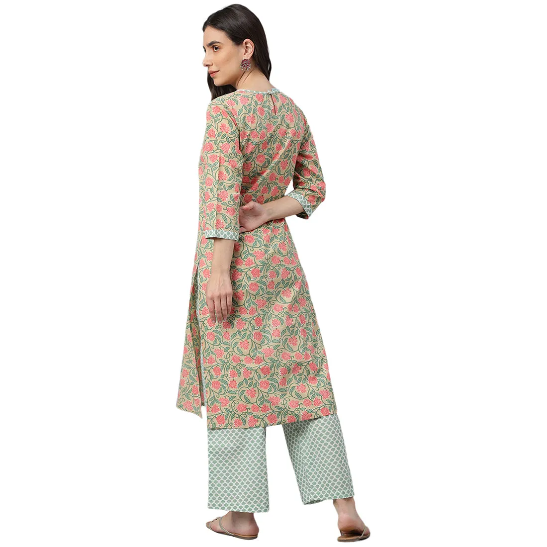 Idalia Multicolor Printed Cotton Kurta With Dull Green
Printed Palazzo Pants