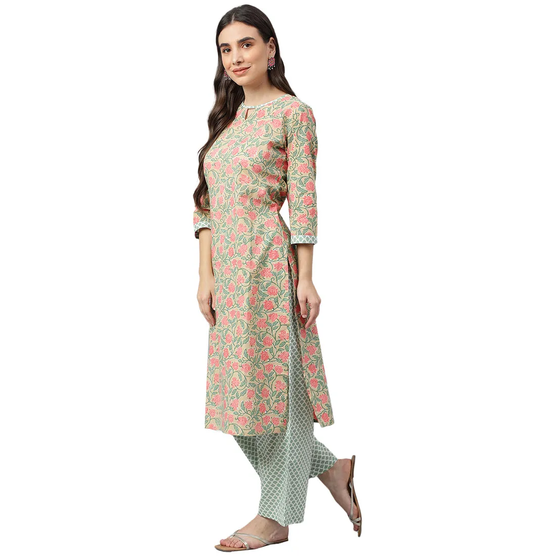 Idalia Multicolor Printed Cotton Kurta With Dull Green
Printed Palazzo Pants