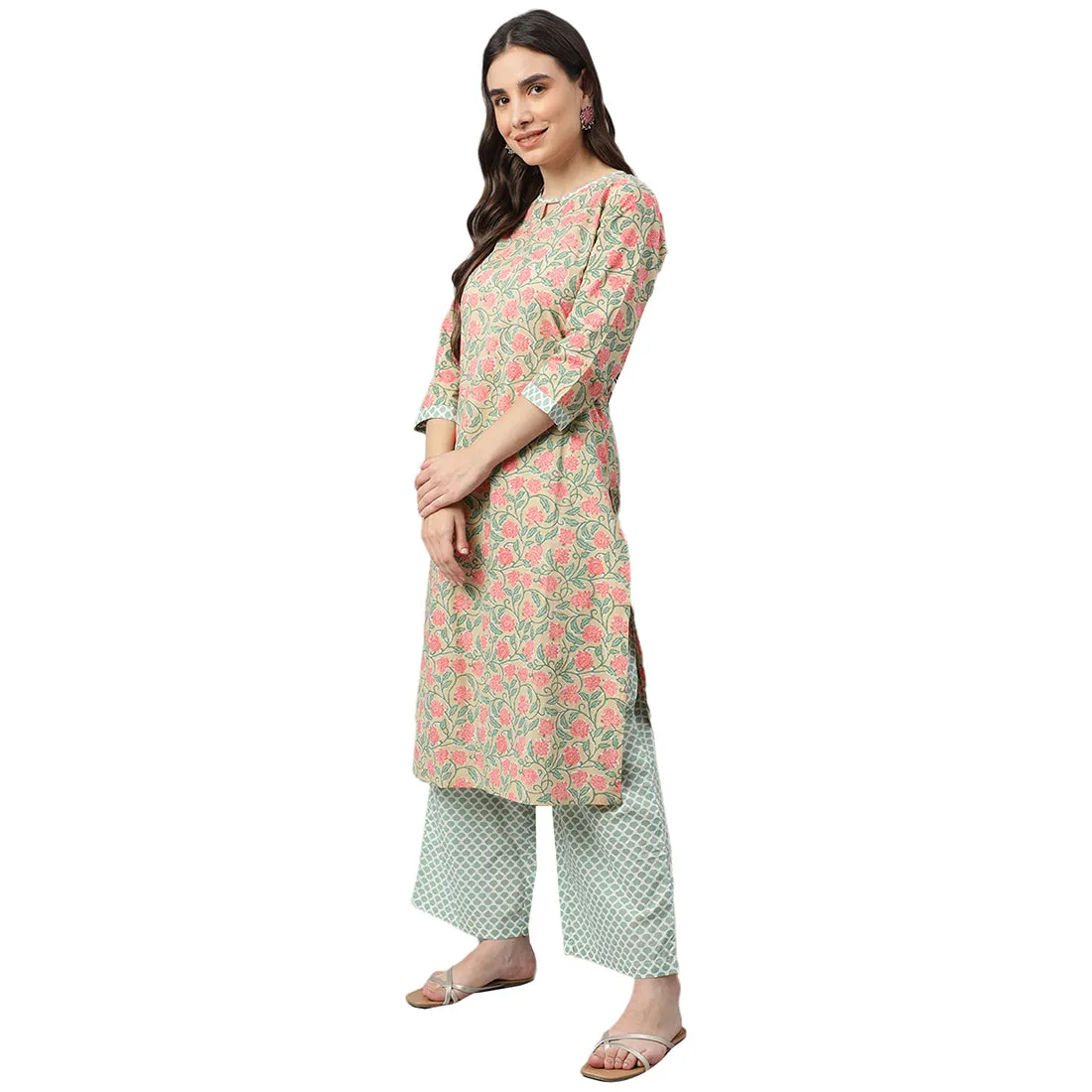 Idalia Multicolor Printed Cotton Kurta With Dull Green
Printed Palazzo Pants