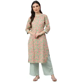 Idalia Multicolor Printed Cotton Kurta With Dull Green
Printed Palazzo Pants