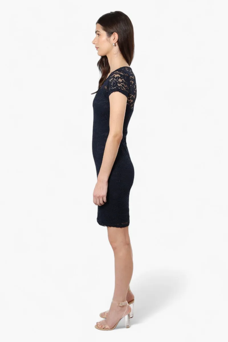 Impress Lace Rose Pattern Cocktail Dress - Navy