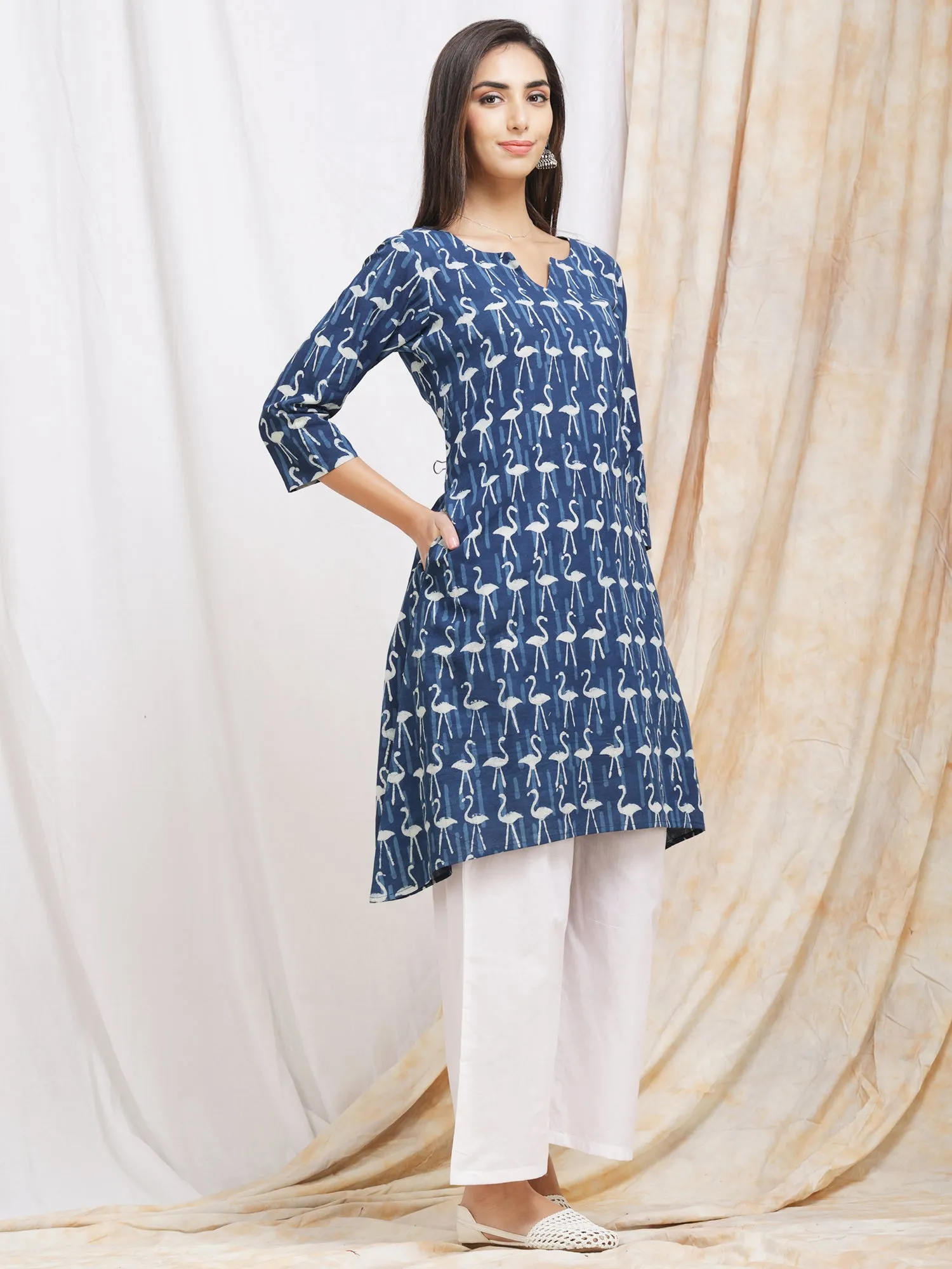 Indigo 'Flamingo' Block Print Kurta