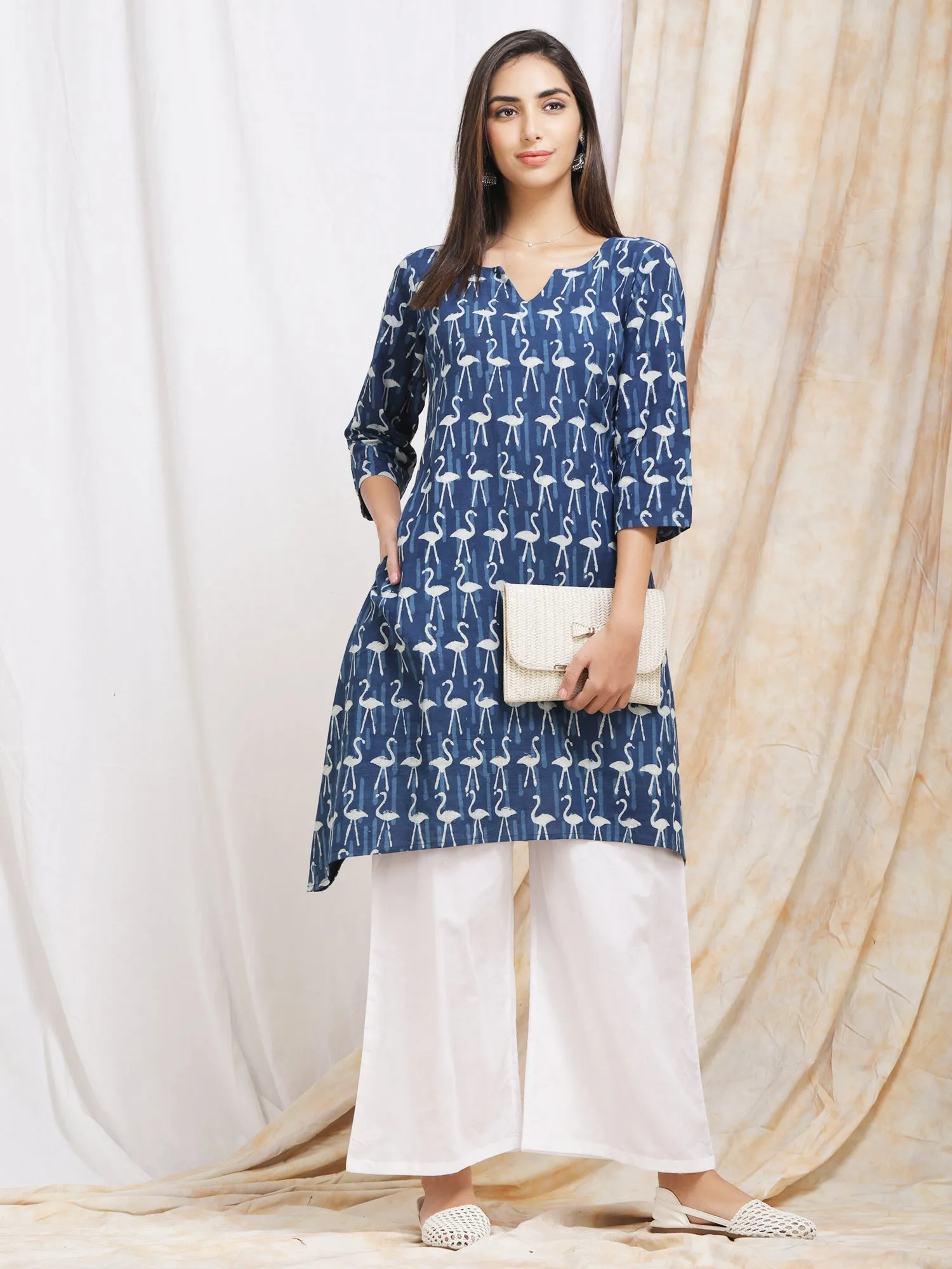 Indigo 'Flamingo' Block Print Kurta