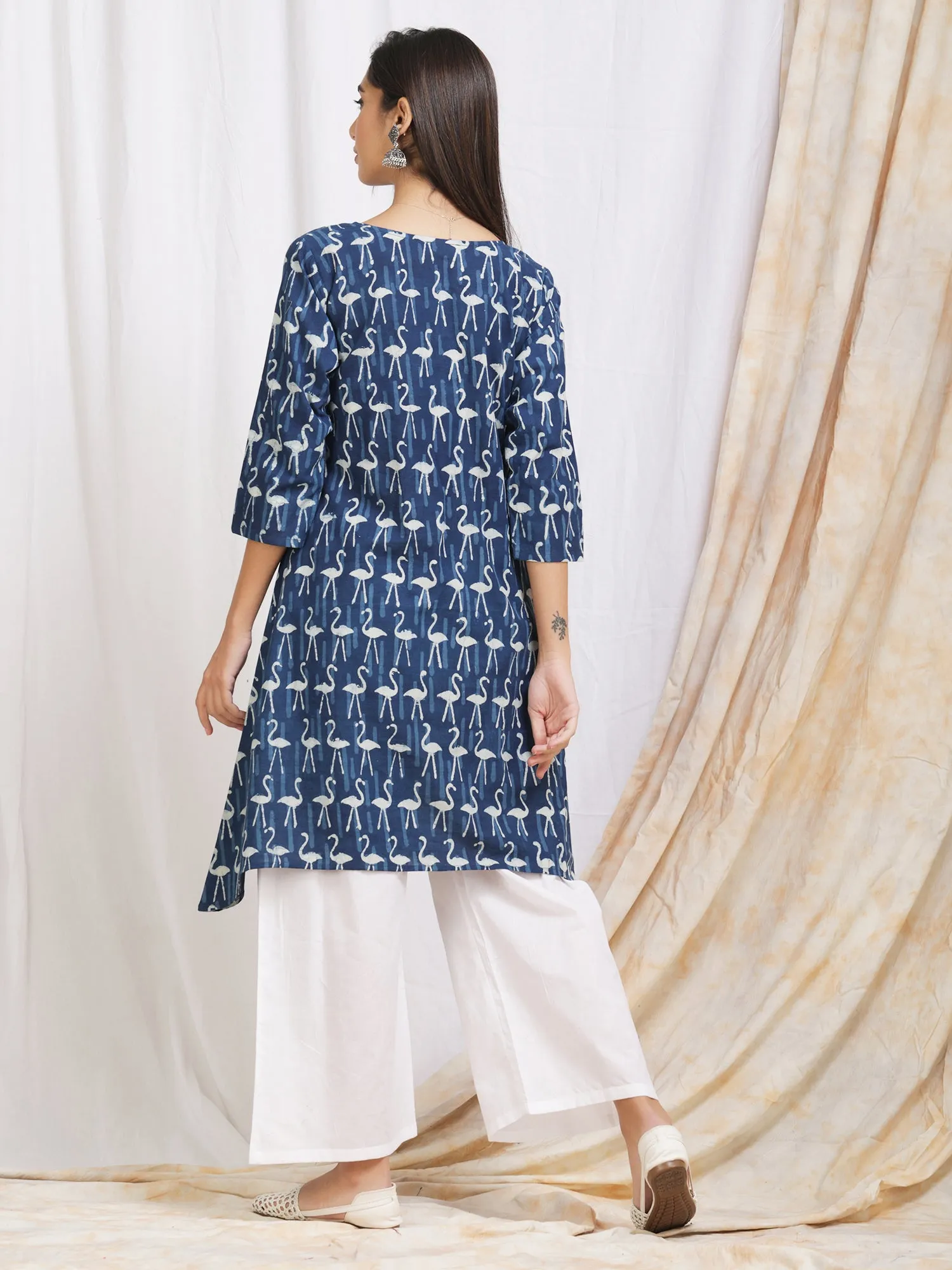 Indigo 'Flamingo' Block Print Kurta