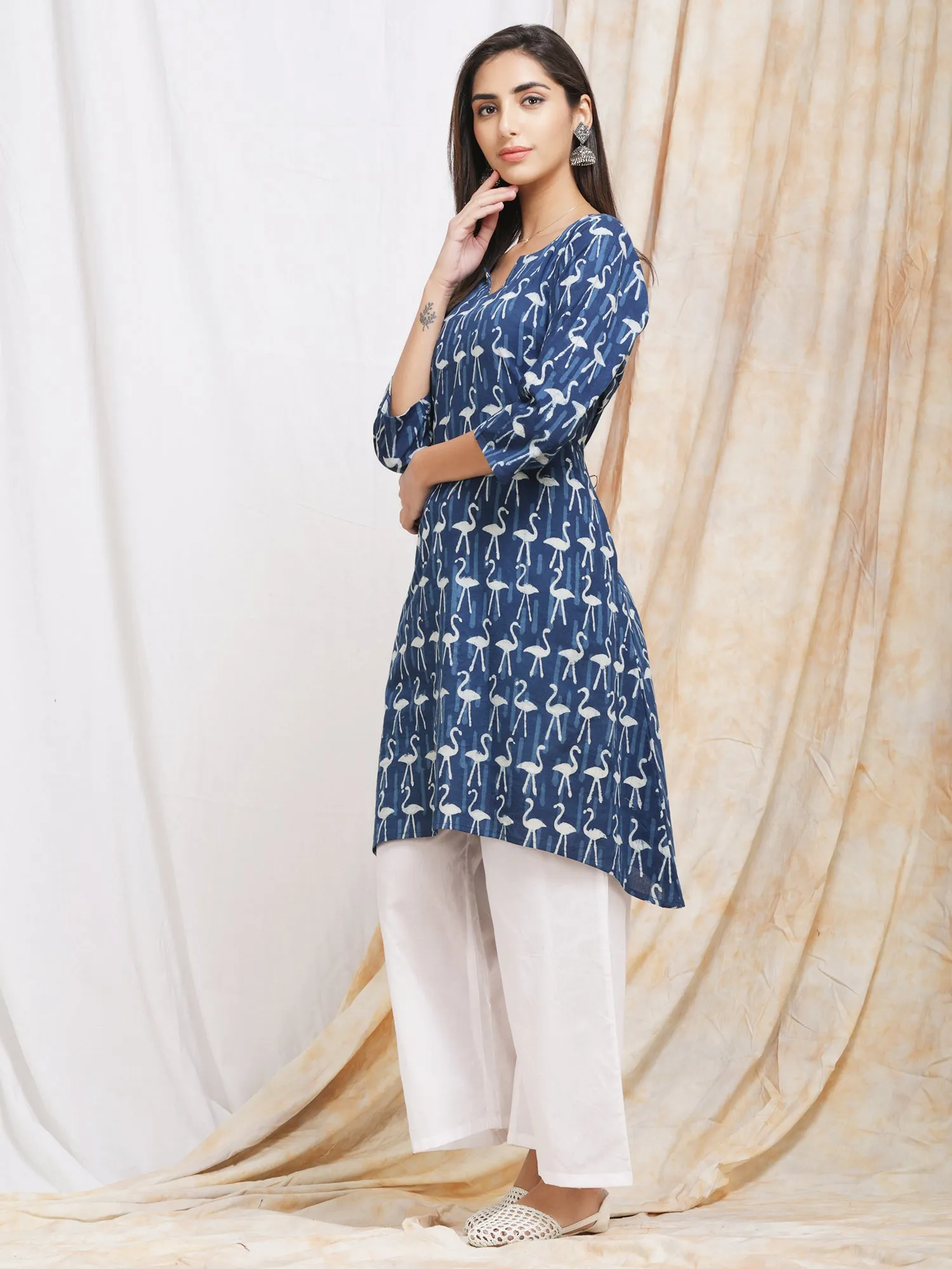 Indigo 'Flamingo' Block Print Kurta