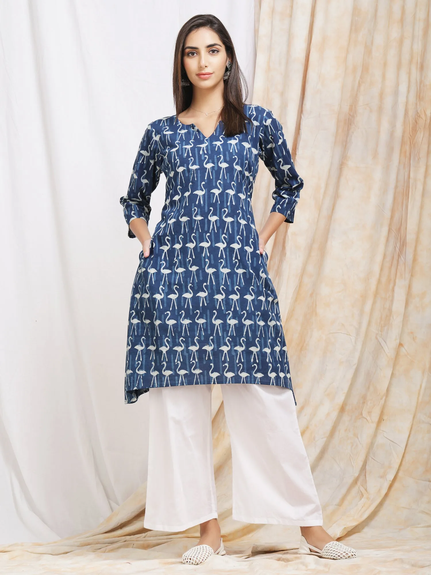 Indigo 'Flamingo' Block Print Kurta