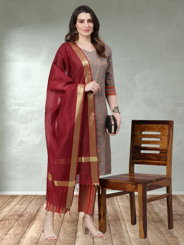 Jaal Printed Kurta With Stripes Palazzo Pants And Dupatta