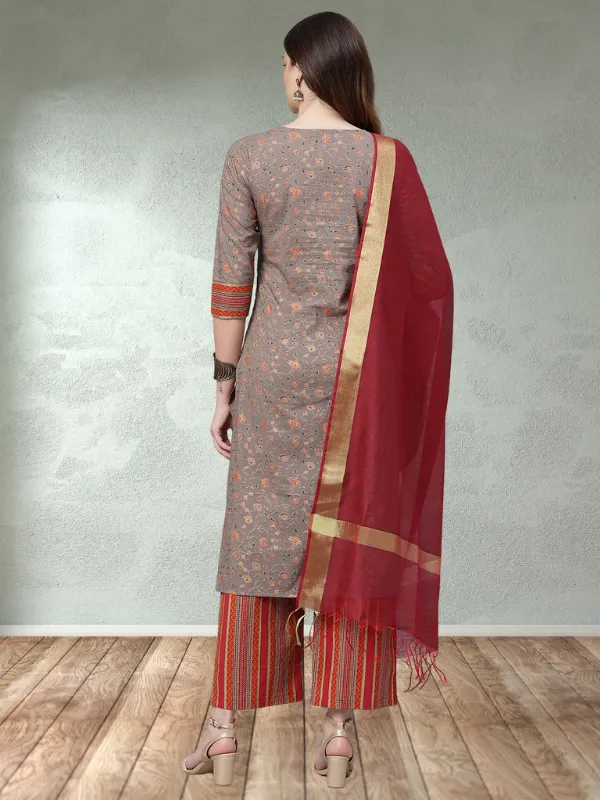 Jaal Printed Kurta With Stripes Palazzo Pants And Dupatta