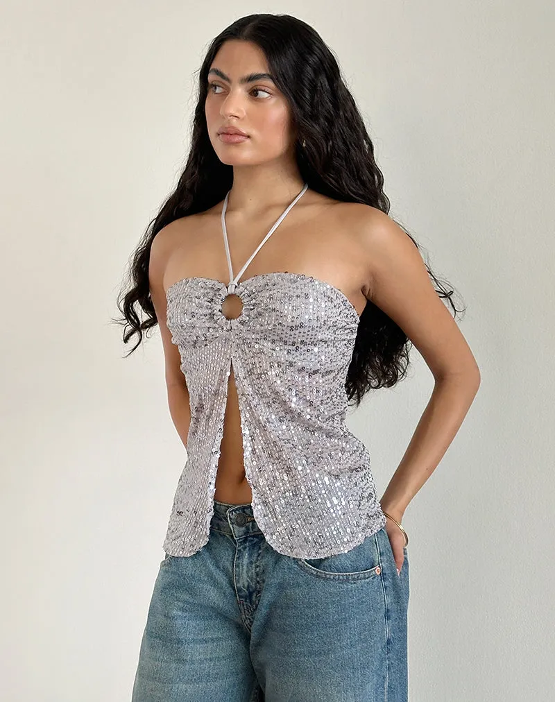 Janar Halterneck Top in Gauzy Sequin Silver