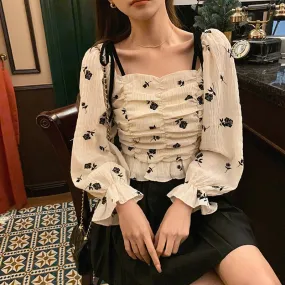 Joskaa Vintage Floral Blouse Women Casual  Square Collar Chiffon Korean Style Slim Tops Puff Sleeve Elegant Shirt 2024 Spring Kawaii