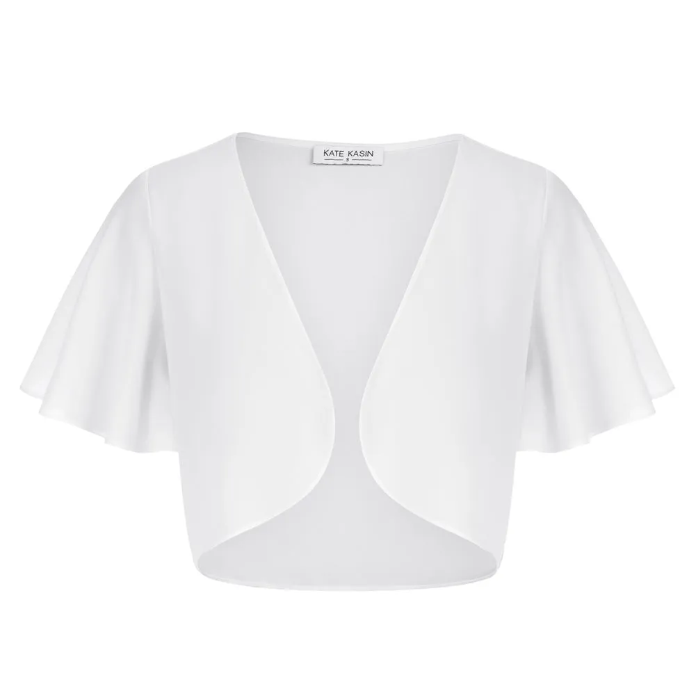 Kate Kasin Women Shrug Sheer Ruffle Short Sleeve Cropped Chiffon Bolero