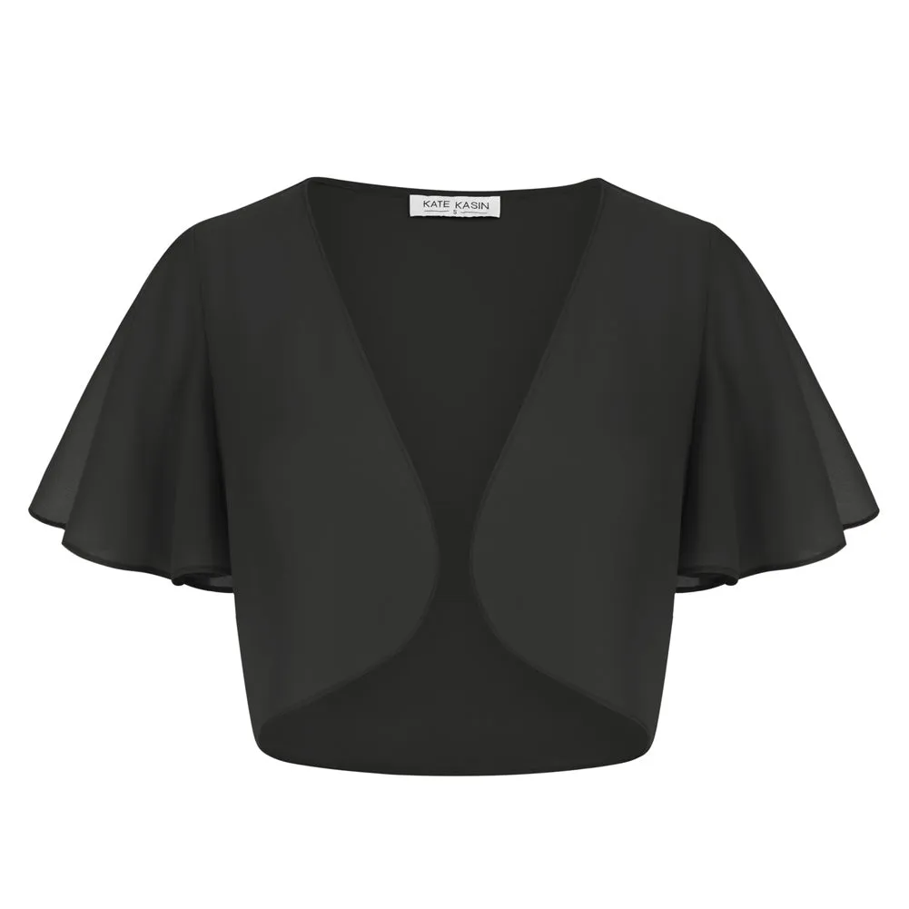 Kate Kasin Women Shrug Sheer Ruffle Short Sleeve Cropped Chiffon Bolero