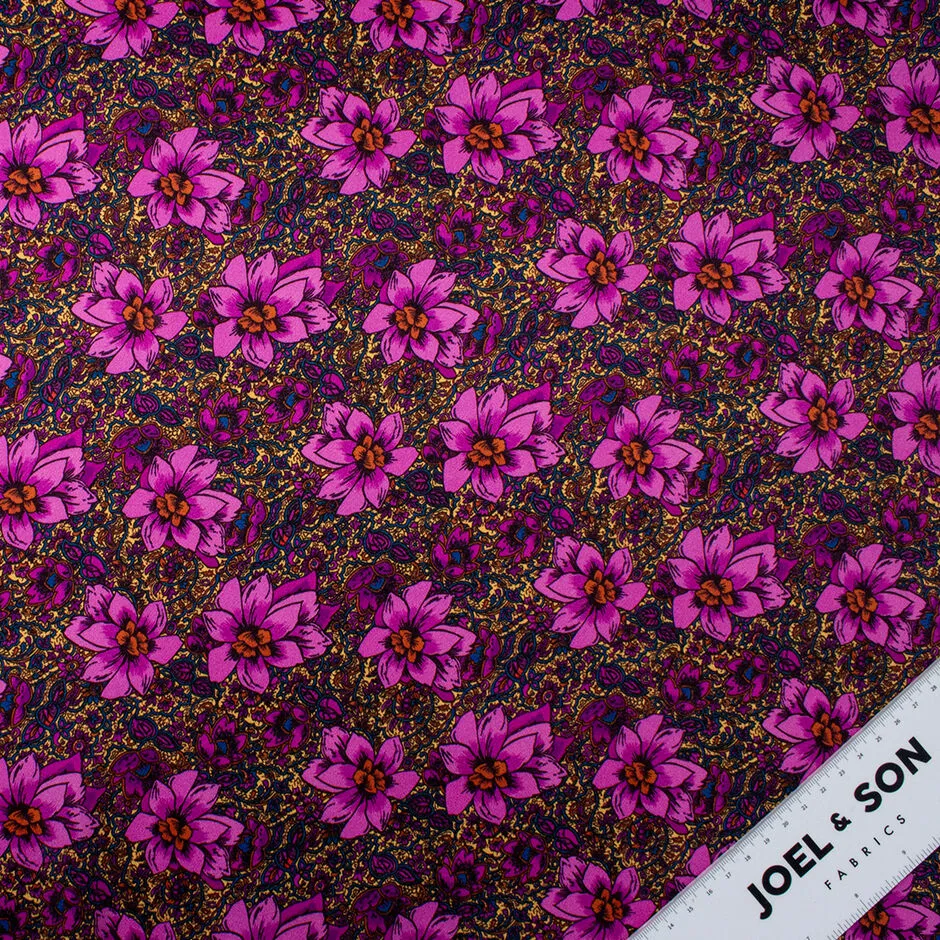 Large Magenta Floral Printed Double Silk Satin Crêpe