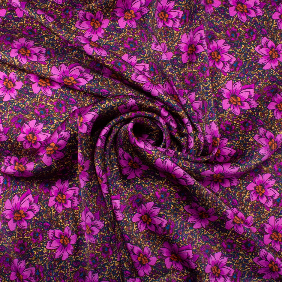 Large Magenta Floral Printed Double Silk Satin Crêpe