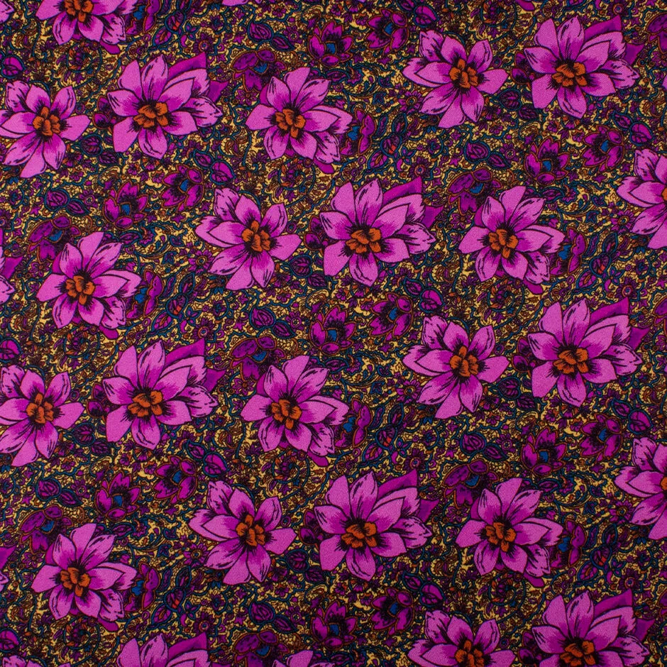 Large Magenta Floral Printed Double Silk Satin Crêpe