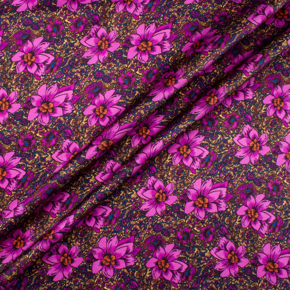 Large Magenta Floral Printed Double Silk Satin Crêpe