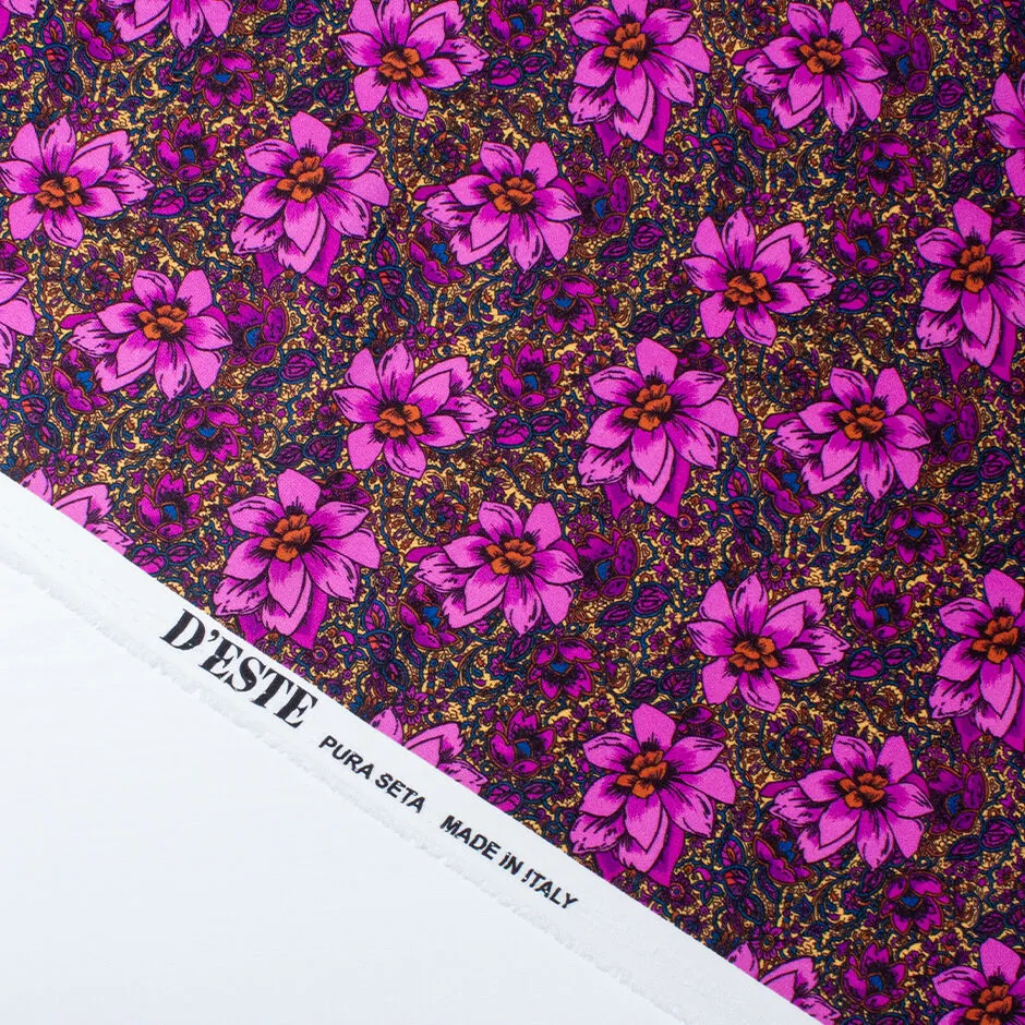 Large Magenta Floral Printed Double Silk Satin Crêpe