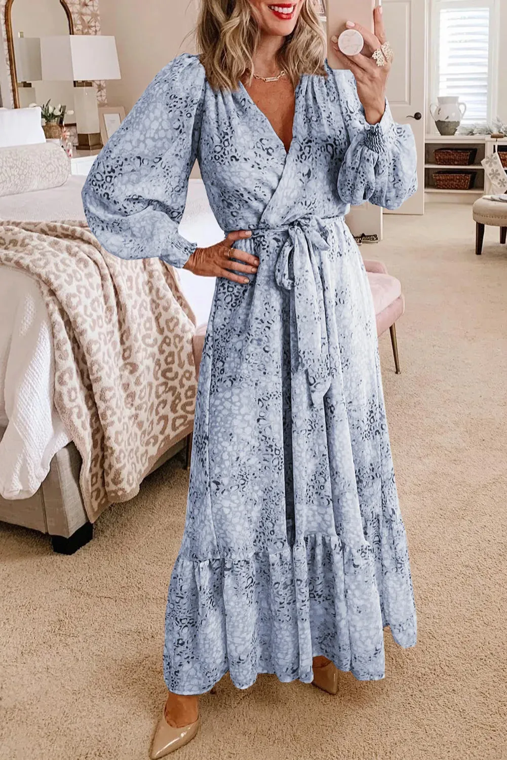 Leopard Surplice Neck Bubble Sleeve Maxi Dress with Sash