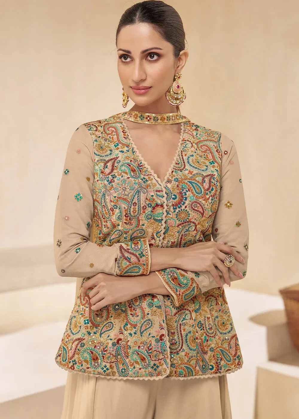 Light Brown Pure Georgette Floral Embroidered Designer Top Palazzo Suit