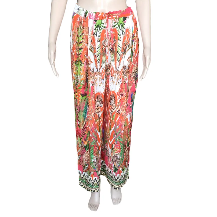 Long Silk Embellished Pants - Tropical