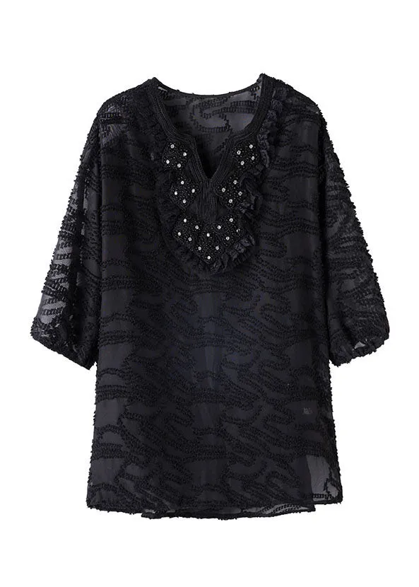 Loose Black Embroideried Nail Bead Patchwork Chiffon Shirt Tops Summer LY5033