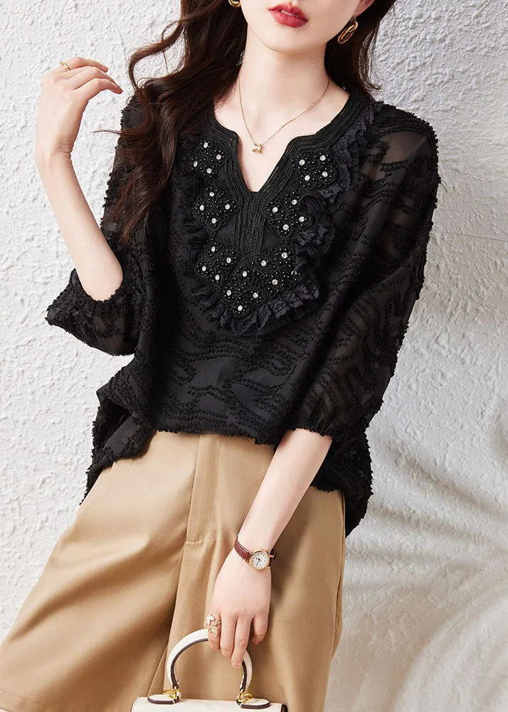 Loose Black Embroideried Nail Bead Patchwork Chiffon Shirt Tops Summer LY5033