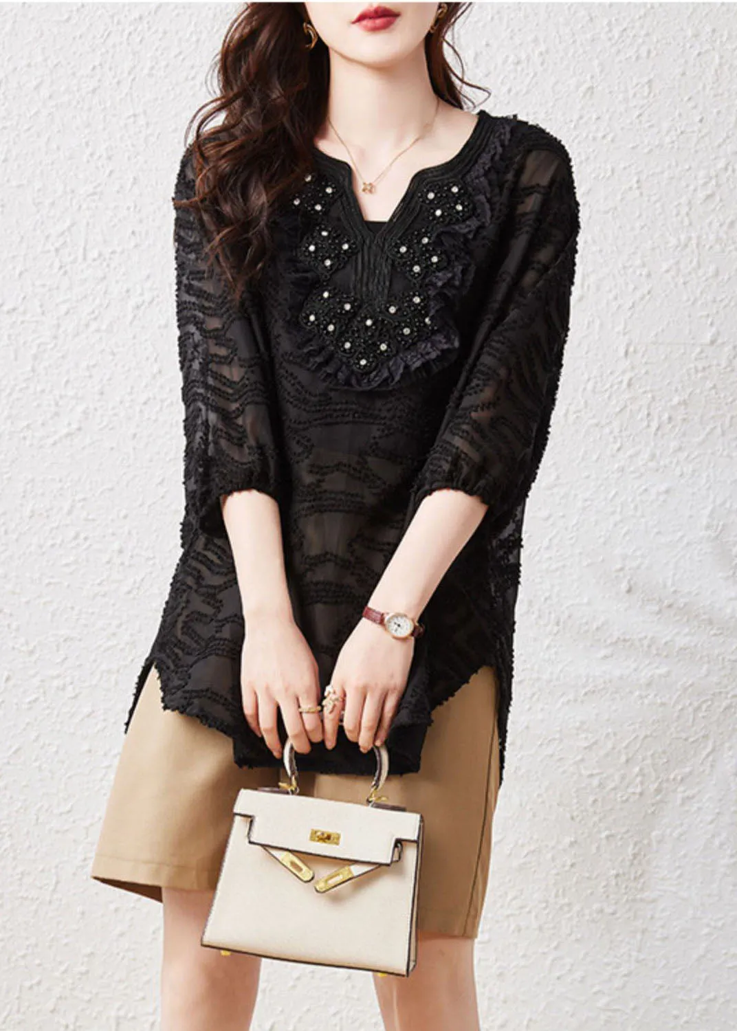 Loose Black Embroideried Nail Bead Patchwork Chiffon Shirt Tops Summer LY5033