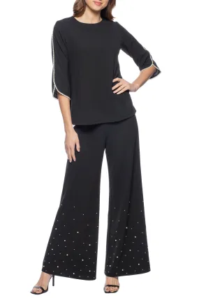 Marina crew neck embellished ¾ sleeve stretch crepe top with elastic waist embellished straight leg pants