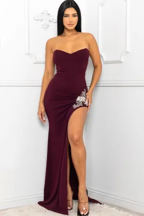 Maroon Sweetheart Strapless Beaded Embroidered Near Slit Detail Maxi Dress_