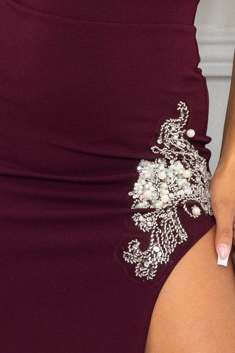 Maroon Sweetheart Strapless Beaded Embroidered Near Slit Detail Maxi Dress_