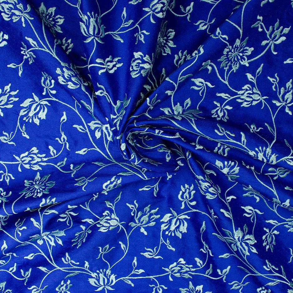 Mint Floral Embroidered Royal Blue Silk Shantung