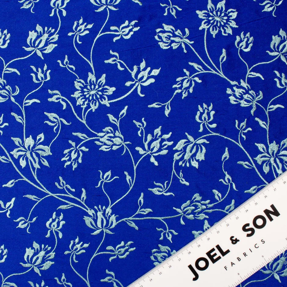 Mint Floral Embroidered Royal Blue Silk Shantung