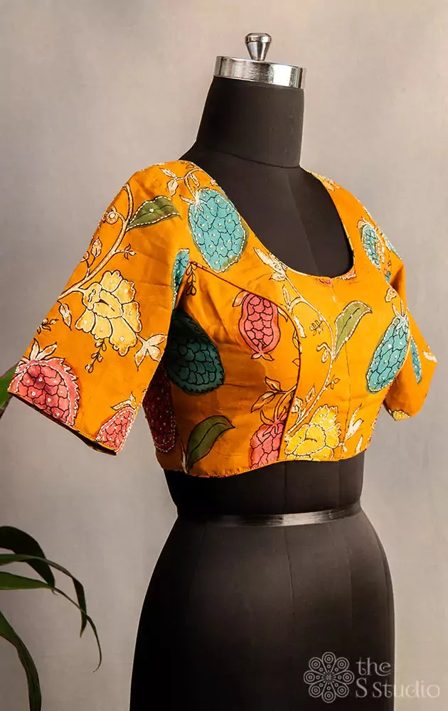 Mustard pen kalamkari hand painted silk blouse with kantha embroidery