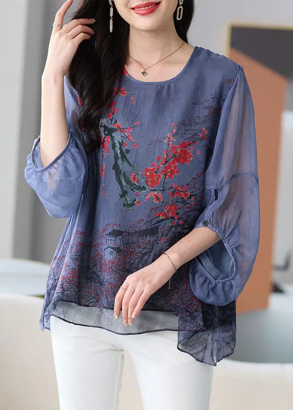 Natural Grey O Neck Print Patchwork Chiffon Shirt Tops Lantern Sleeve LY8187