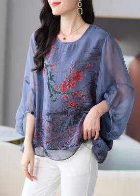 Natural Grey O Neck Print Patchwork Chiffon Shirt Tops Lantern Sleeve LY8187