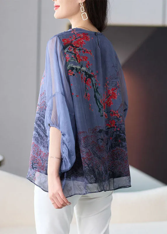 Natural Grey O Neck Print Patchwork Chiffon Shirt Tops Lantern Sleeve LY8187