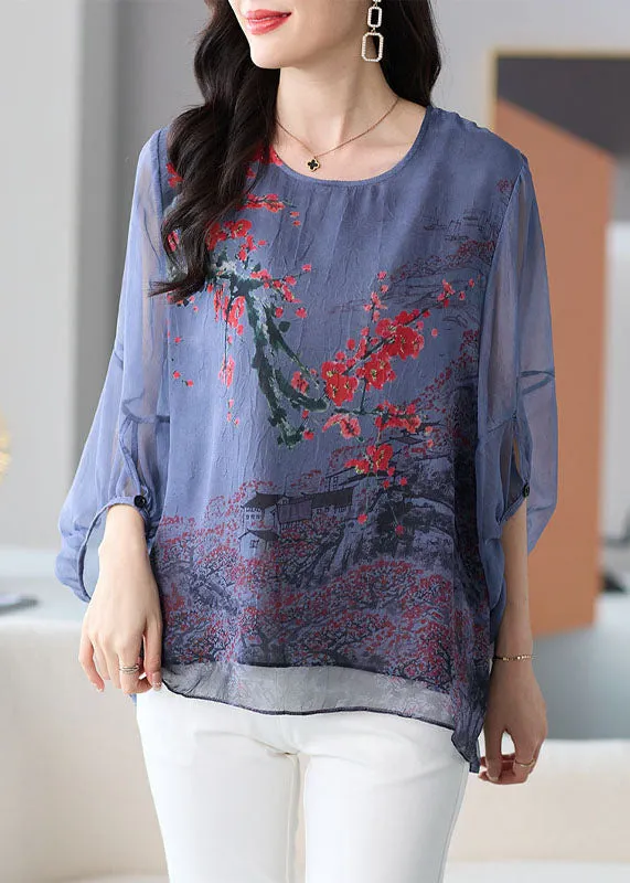 Natural Grey O Neck Print Patchwork Chiffon Shirt Tops Lantern Sleeve LY8187