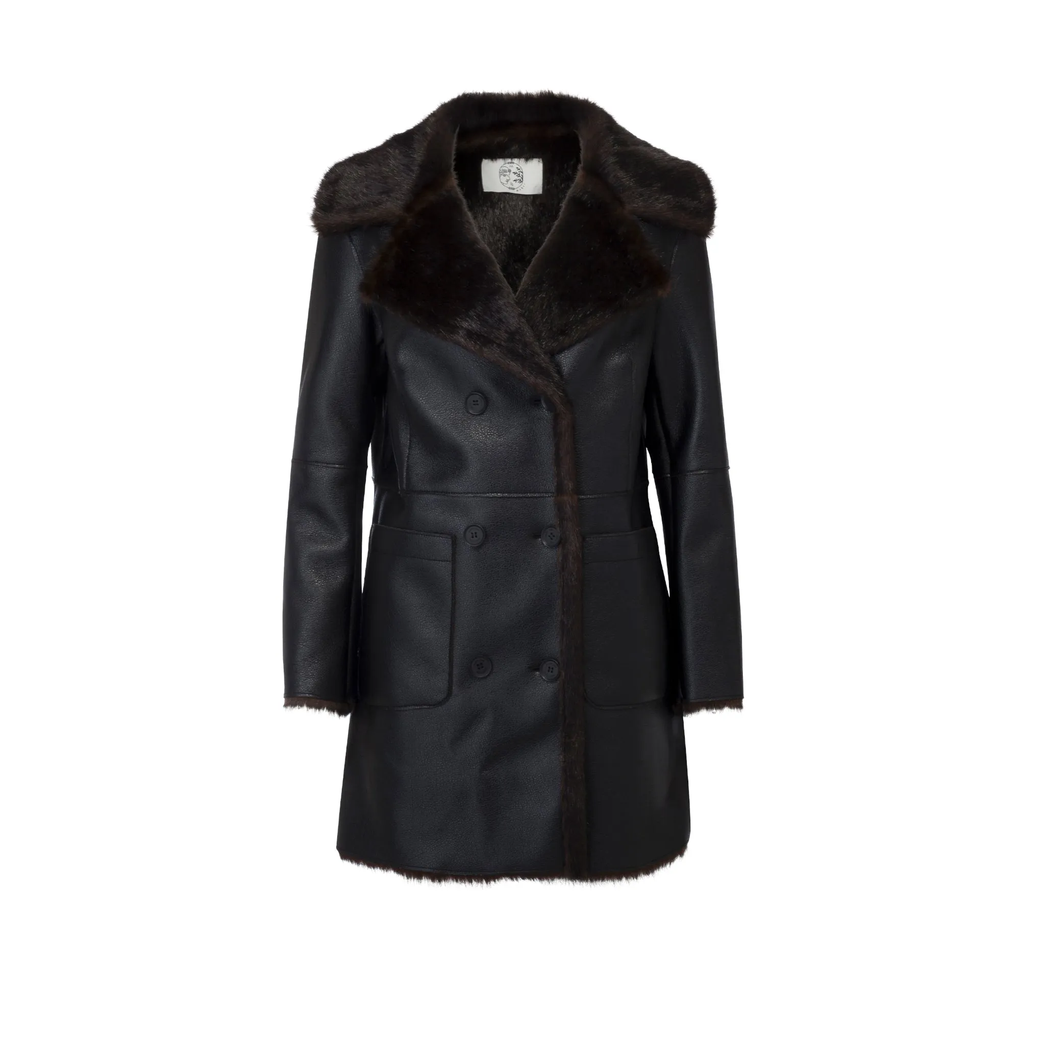 Oliver Bonded  Faux Leather & Faux Fur Double Breasted Black Coat