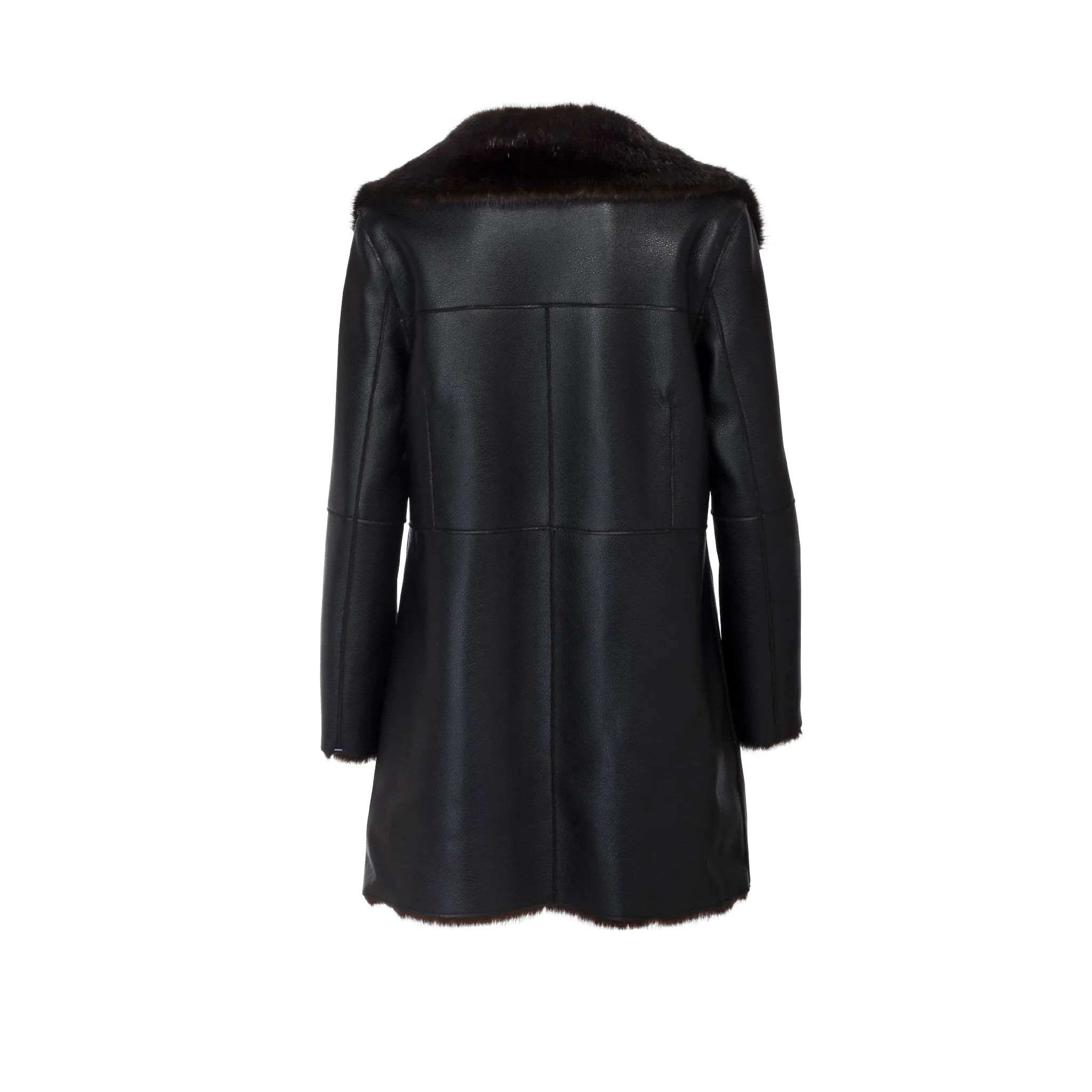 Oliver Bonded  Faux Leather & Faux Fur Double Breasted Black Coat