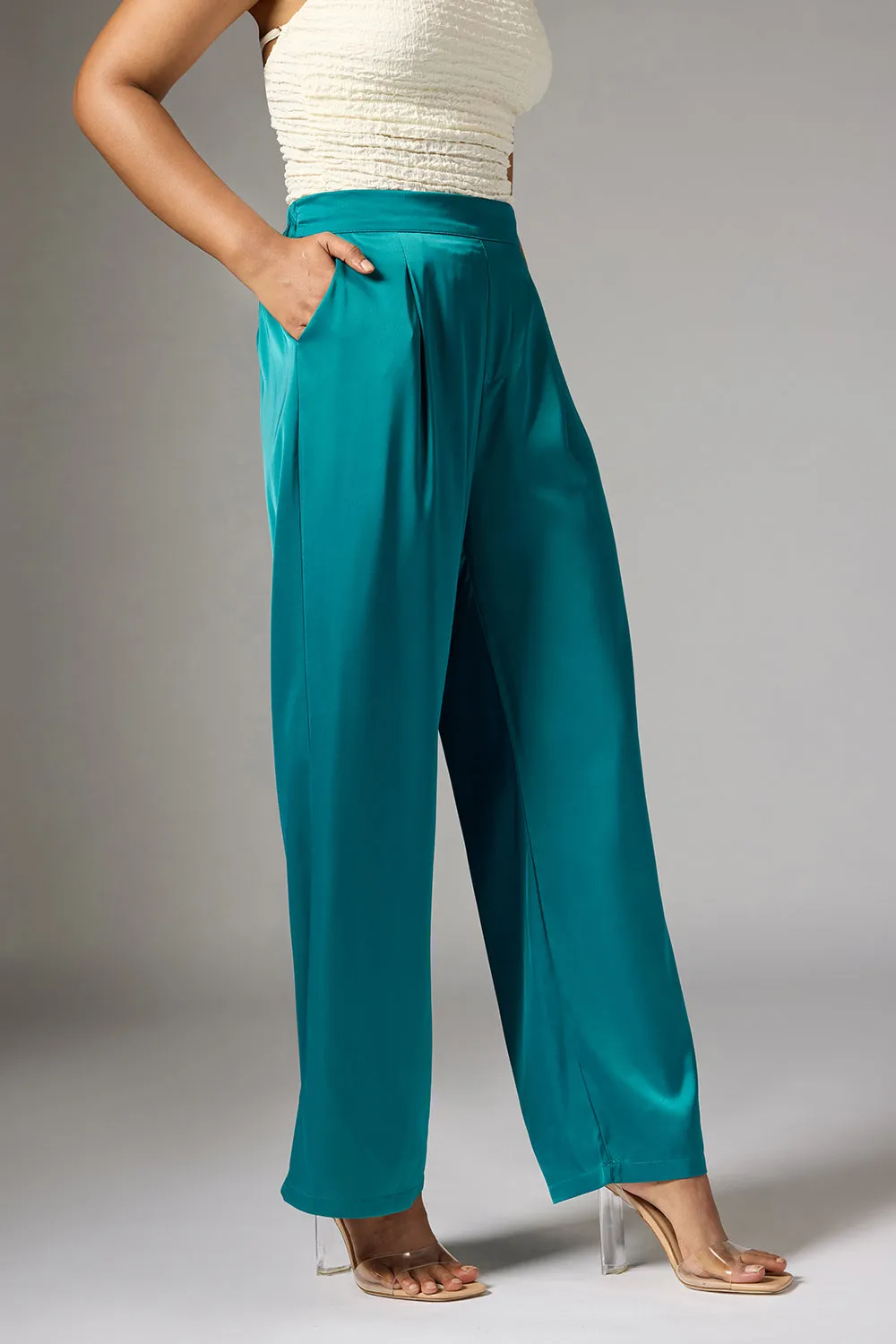 Opal Green Satin Straight Korean Pants