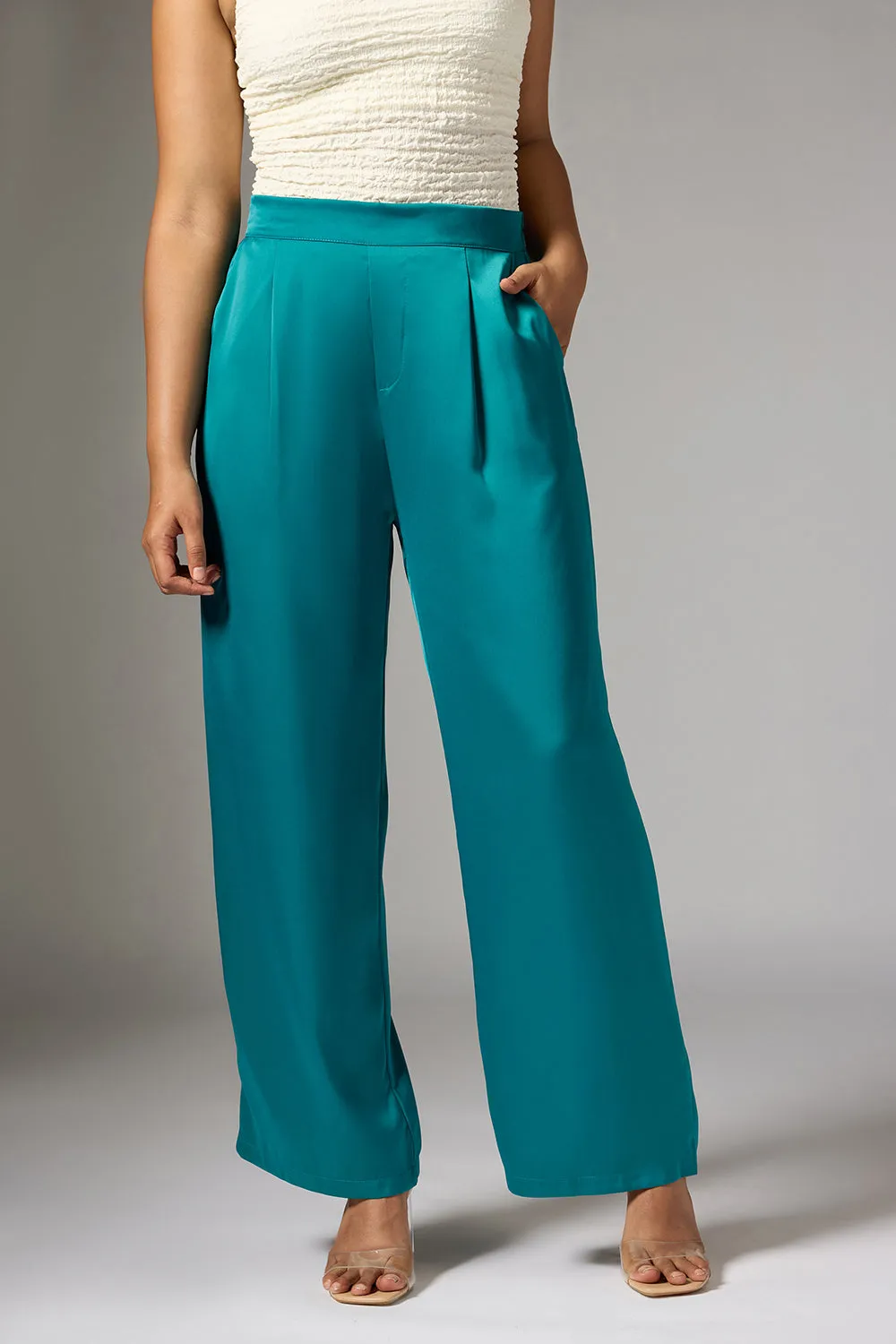 Opal Green Satin Straight Korean Pants