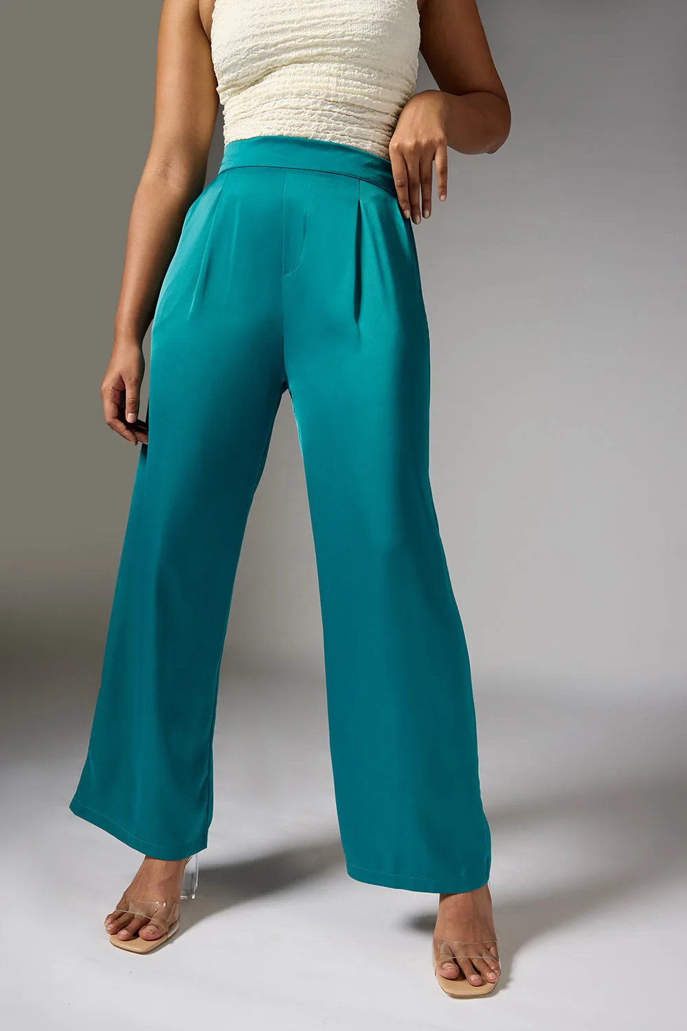 Opal Green Satin Straight Korean Pants