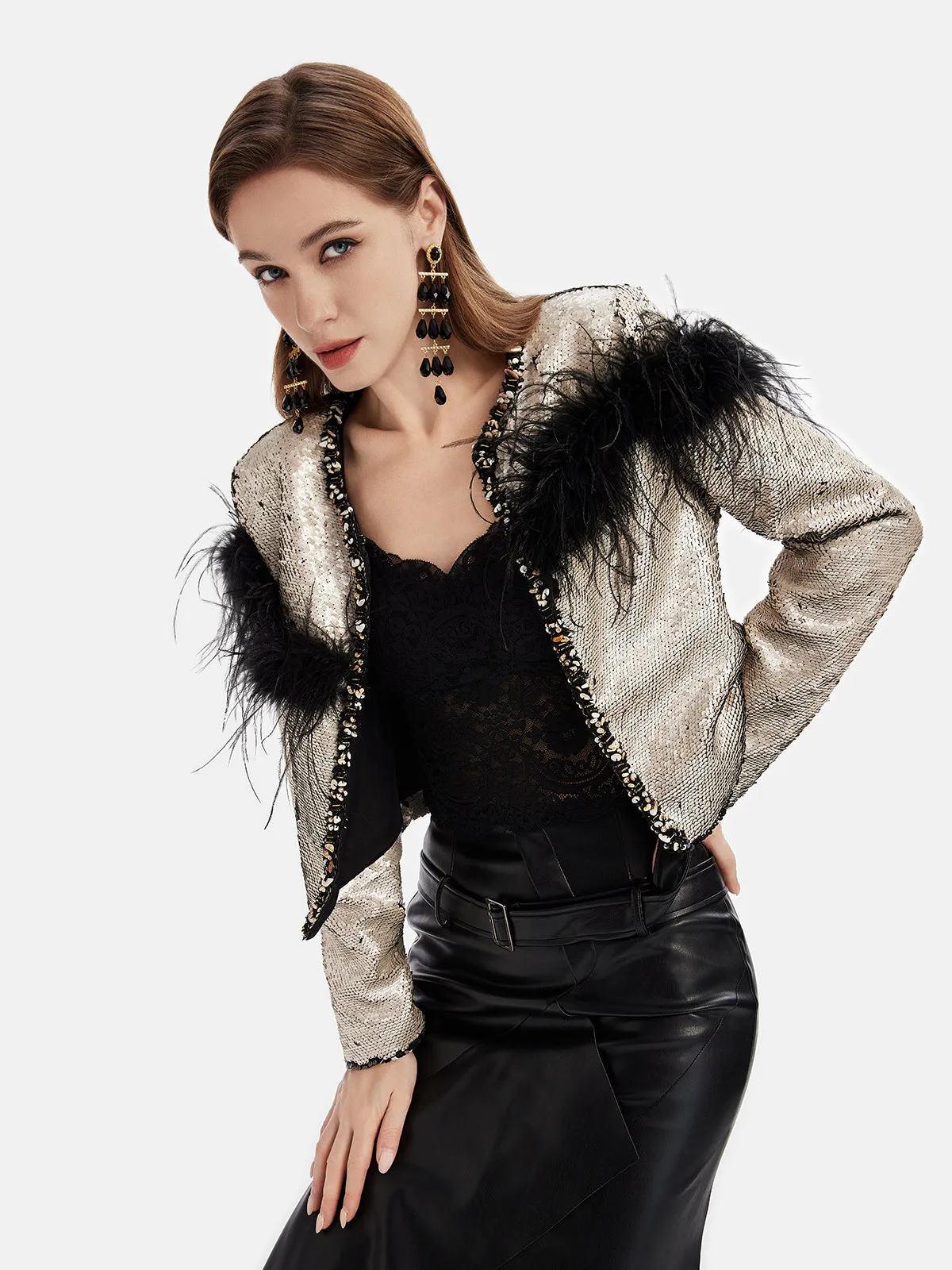 Ostrich Feather Embroidered Beaded Sequined Jacket