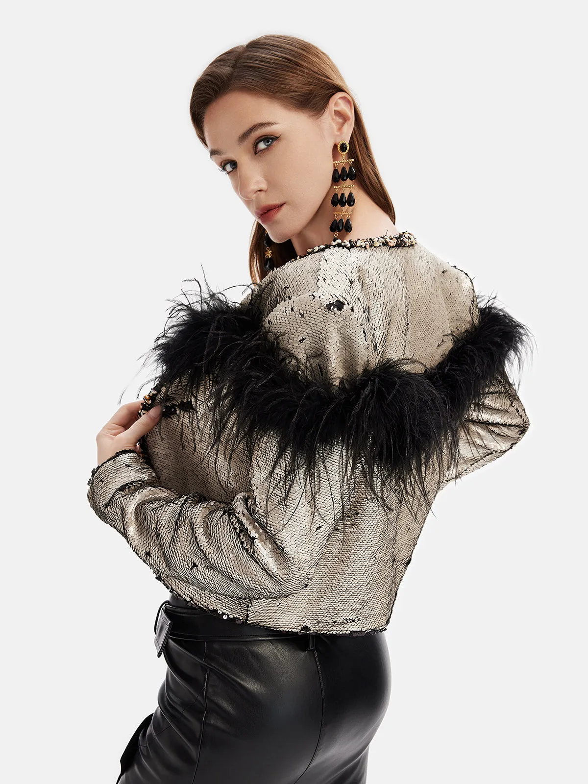 Ostrich Feather Embroidered Beaded Sequined Jacket