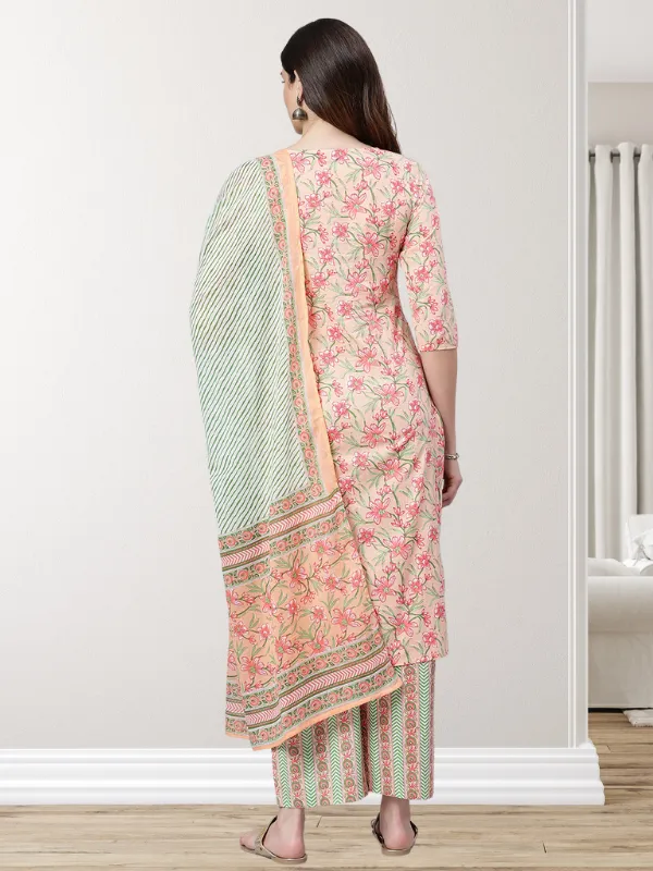 Peach Printed Kurta With Printed Palazzo Pants And Dupatta