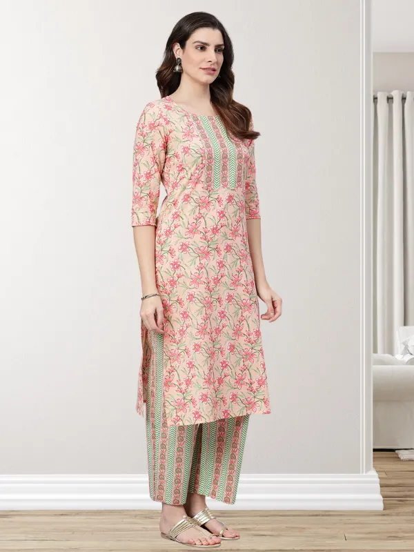 Peach Printed Kurta With Printed Palazzo Pants And Dupatta