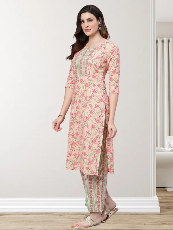 Peach Printed Kurta With Printed Palazzo Pants And Dupatta