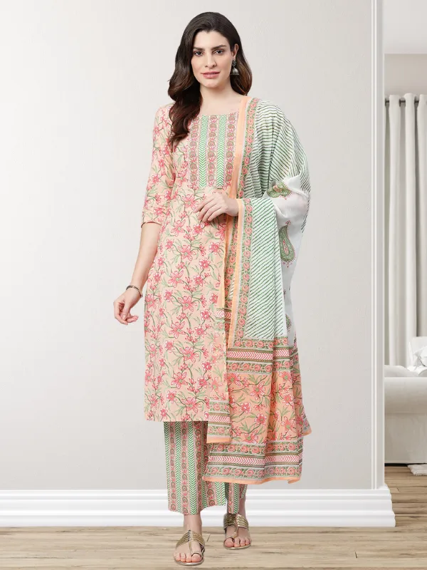 Peach Printed Kurta With Printed Palazzo Pants And Dupatta